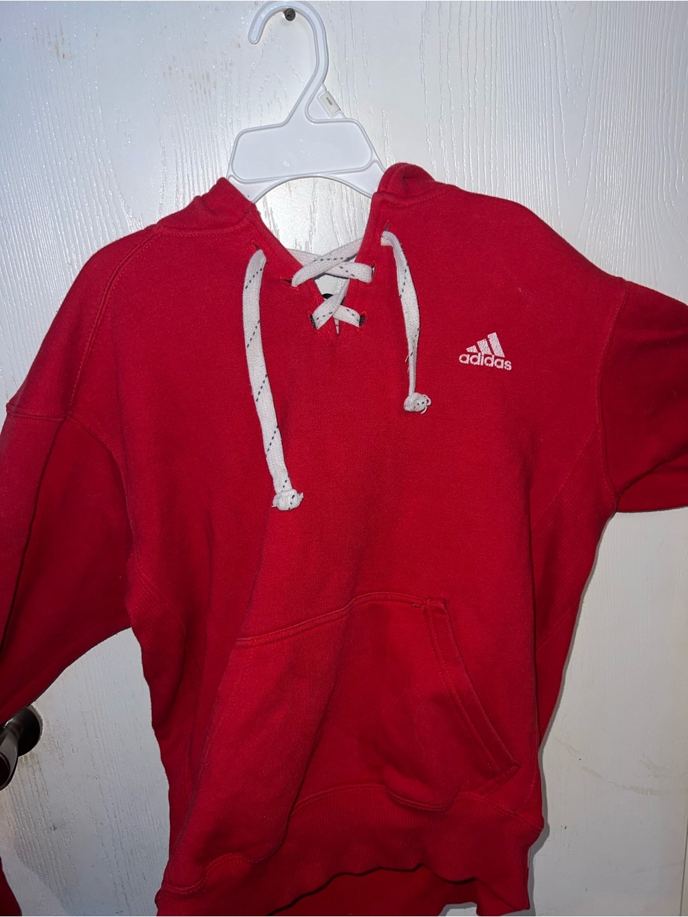 Y2K adidas Red Pullover Hoodie with White Lace-Up Drawcords